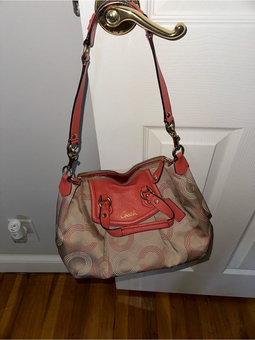 Coach Coral and Tan Signature Hobo Shoulder Bag